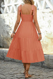 Vestido Verão com Arco Pescoço Quadrado Khaki Claro Midi Linha-A