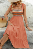Vestido Verão com Arco Pescoço Quadrado Khaki Claro Midi Linha-A
