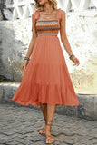 Vestido Verão com Arco Pescoço Quadrado Khaki Claro Midi Linha-A