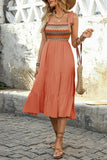 Vestido Verão com Arco Pescoço Quadrado Khaki Claro Midi Linha-A