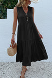 Vestido de Verão com Botões Preto Midi Linha-A Decote em V