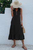 Vestido de Verão com Botões Preto Midi Linha-A Decote em V