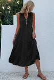 Vestido de Verão com Botões Preto Midi Linha-A Decote em V