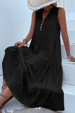 Vestido de Verão com Botões Preto Midi Linha-A Decote em V