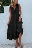 Vestido de Verão com Botões Preto Midi Linha-A Decote em V