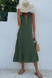 Vestido de Verão com Botões Preto Midi Linha-A Decote em V