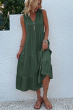 Vestido de Verão com Botões Preto Midi Linha-A Decote em V