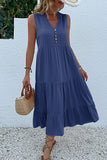 Vestido de Verão com Botões Preto Midi Linha-A Decote em V