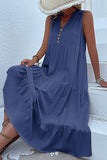 Vestido de Verão com Botões Preto Midi Linha-A Decote em V