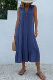 Vestido de Verão com Botões Preto Midi Linha-A Decote em V