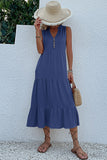 Vestido de Verão com Botões Preto Midi Linha-A Decote em V