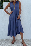 Vestido de Verão com Botões Preto Midi Linha-A Decote em V