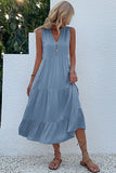 Vestido de Verão com Botões Preto Midi Linha-A Decote em V