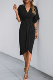Vestido de Verão com Meias Mangas Preto Decote em V Bainha