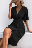 Vestido de Verão com Meias Mangas Preto Decote em V Bainha