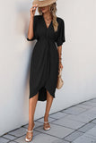 Vestido de Verão com Meias Mangas Preto Decote em V Bainha