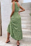Vestido Verão Decote em V Verde Floral Longo Linha-A