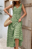 Vestido Verão Decote em V Verde Floral Longo Linha-A
