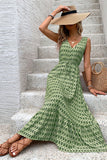 Vestido Verão Decote em V Verde Floral Longo Linha-A