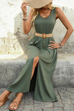 Exército Verde Linha-A Midi Vestido de Verão com Cinto