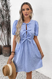 Azul Linha-A Pescoço Redondo Mangas Curtas Curto/Mini Vestido Verão