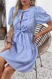 Azul Linha-A Pescoço Redondo Mangas Curtas Curto/Mini Vestido Verão