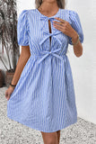Azul Linha-A Pescoço Redondo Mangas Curtas Curto/Mini Vestido Verão
