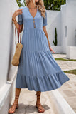Cinzento Azul Decote em V Linha-A Midi Vestido de Verão
