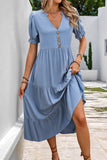 Cinzento Azul Decote em V Linha-A Midi Vestido de Verão