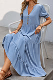 Cinzento Azul Decote em V Linha-A Midi Vestido de Verão