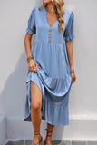 Cinzento Azul Decote em V Linha-A Midi Vestido de Verão