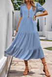 Cinzento Azul Decote em V Linha-A Midi Vestido de Verão