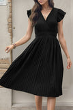 Preto Decote em V Linha-A Plissado vestido de verão