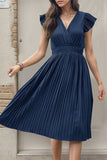 Preto Decote em V Linha-A Plissado vestido de verão