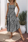 Preto Flores Pescoço Quadrado Midi Vestido de Verão
