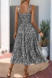 Preto Flores Pescoço Quadrado Midi Vestido de Verão