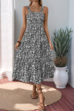 Preto Flores Pescoço Quadrado Midi Vestido de Verão