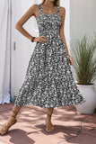 Preto Flores Pescoço Quadrado Midi Vestido de Verão