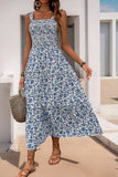 Preto Flores Pescoço Quadrado Midi Vestido de Verão