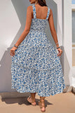 Preto Flores Pescoço Quadrado Midi Vestido de Verão
