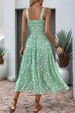 Preto Flores Pescoço Quadrado Midi Vestido de Verão
