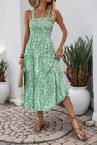 Preto Flores Pescoço Quadrado Midi Vestido de Verão