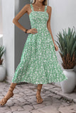 Preto Flores Pescoço Quadrado Midi Vestido de Verão