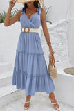 Cinzento Azul Decote em V Linha-A Vestido de Verão com Cinto