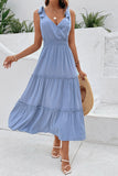 Cinzento Azul Decote em V Linha-A Vestido de Verão com Cinto