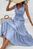 Cinzento Azul Decote em V Linha-A Vestido de Verão com Cinto