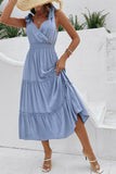 Cinzento Azul Decote em V Linha-A Vestido de Verão com Cinto