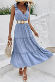 Cinzento Azul Decote em V Linha-A Vestido de Verão com Cinto