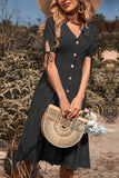 Preto Decote em V Mangas Curtas Vestido de Verão