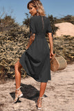 Preto Decote em V Mangas Curtas Vestido de Verão
